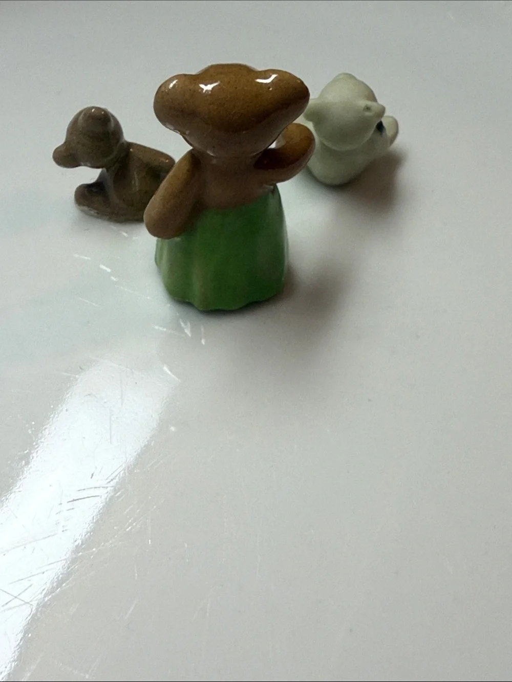 Vintage miniature Ceramic teddyBear Figurine Set with Green Dress - Hagen Renakr